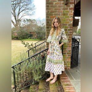 Sue Sartor Paloma Floral Cotton Bishop Sleeves Tiered Flounce Sundress Size M